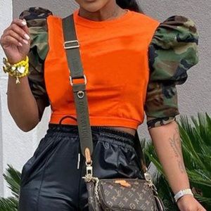 Camo Sleeve Orange Blouse ~ NEW